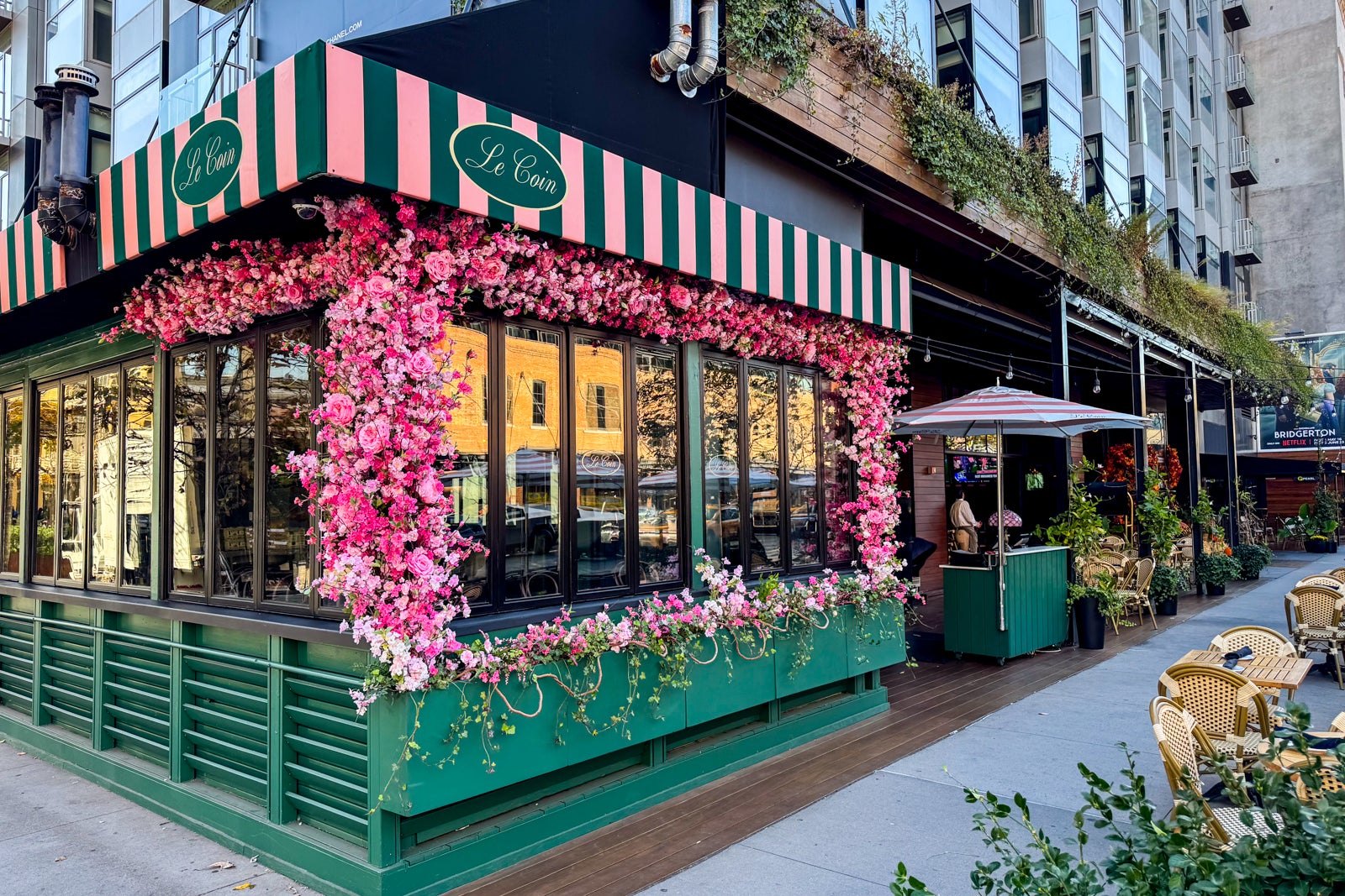 building with pink flowers