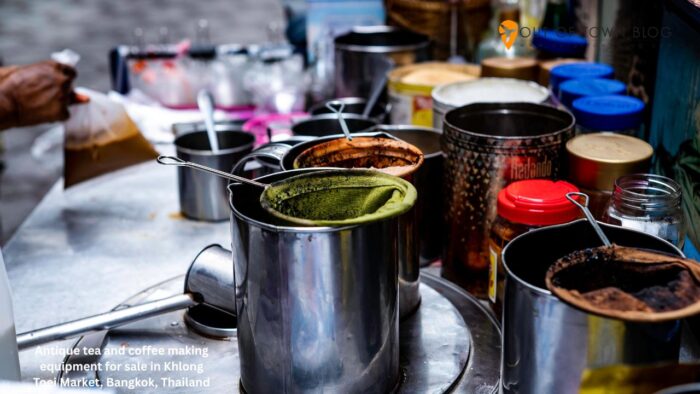 Antique tea and coffee making equipment for sale in Khlong Toei Market, Bangkok, Thailand