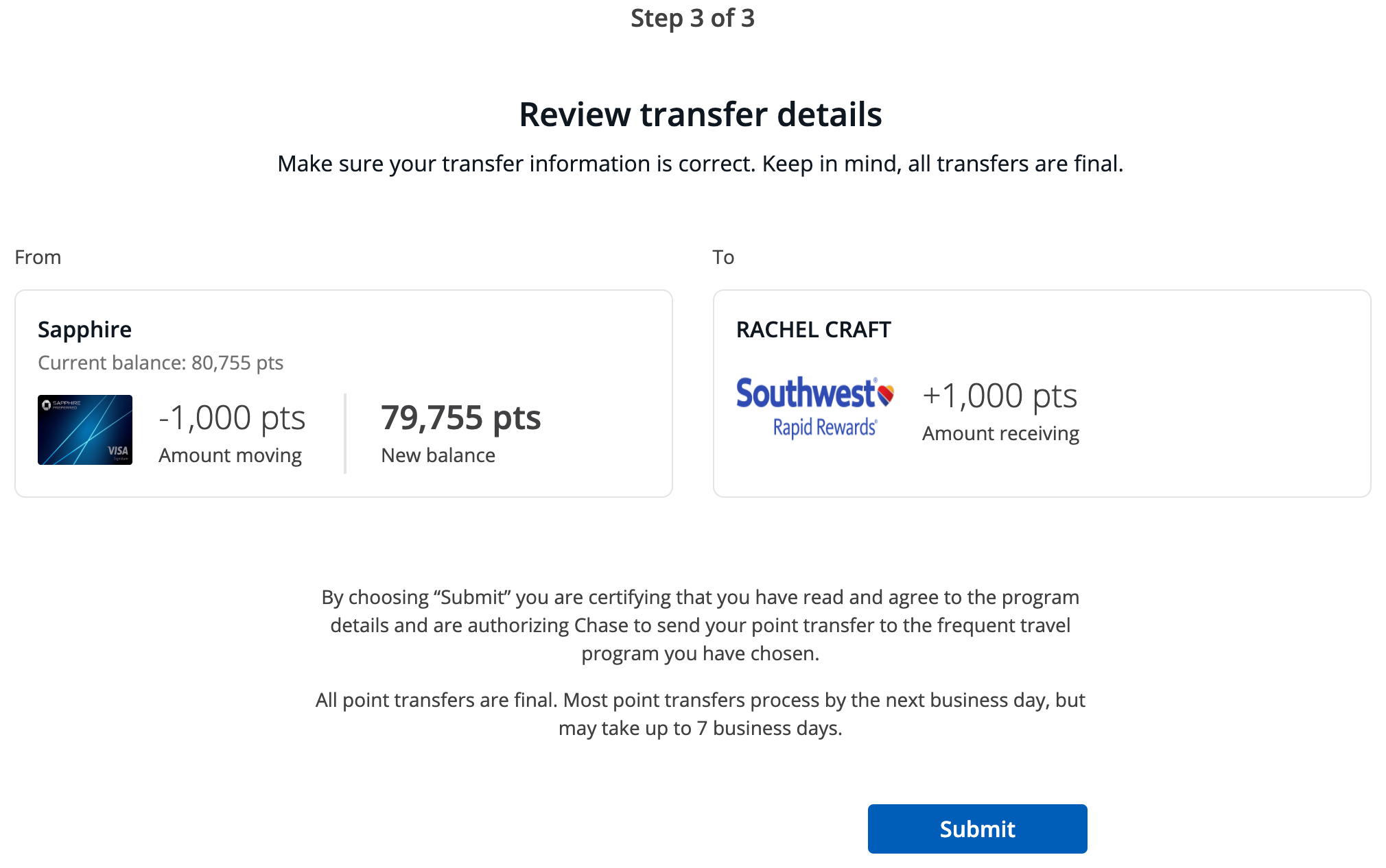 review transfer details: number of points, Rapid Rewards name and number
