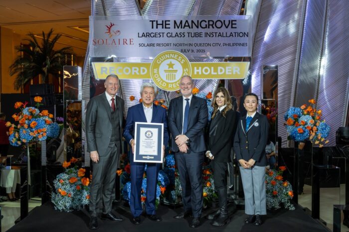 (From L-R) President and Chief Operating Officer of Bloomberry Resorts Corp., Gregory Hawkins, Bloomberry Resorts Corp. Vice Chairman of Construction and Regulatory Affairs Donato Almeda, Solaire Resort North Chief Operating Officer Damian Quayle, Habitus Design Group Founder Samantha Drummond, and the official GUINNESS WORLD RECORDS™ Adjudicator Emi Saito