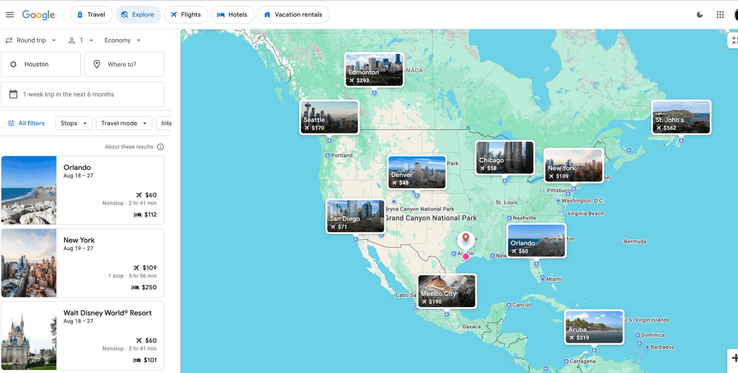 Google Flights explore feature using Houston as home base. GOOGLE