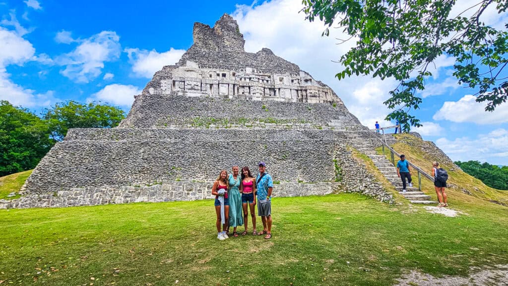 family in front of el castillo at Xunantunich 