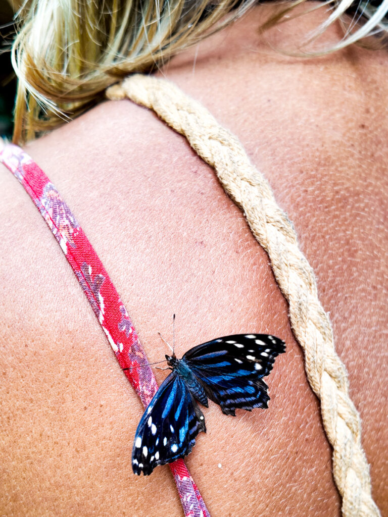 butterfly on woman's shoulder