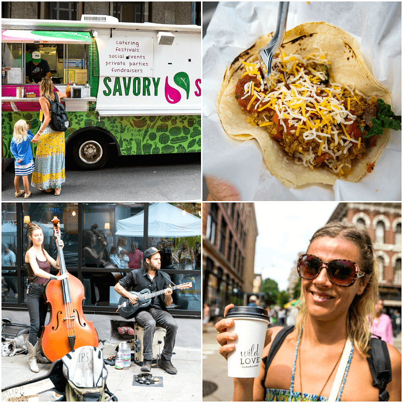 food, and buskers at the Farmer's Market, 
