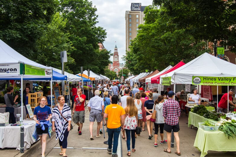 people walking through stalls at the The Farmers Market