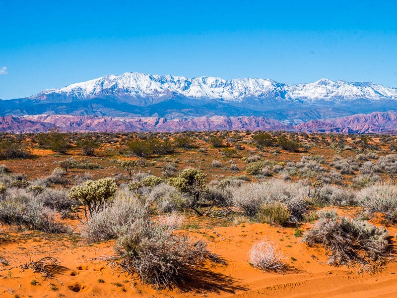 Sand Hollow State Park with red dirt and snow capped mountains in background