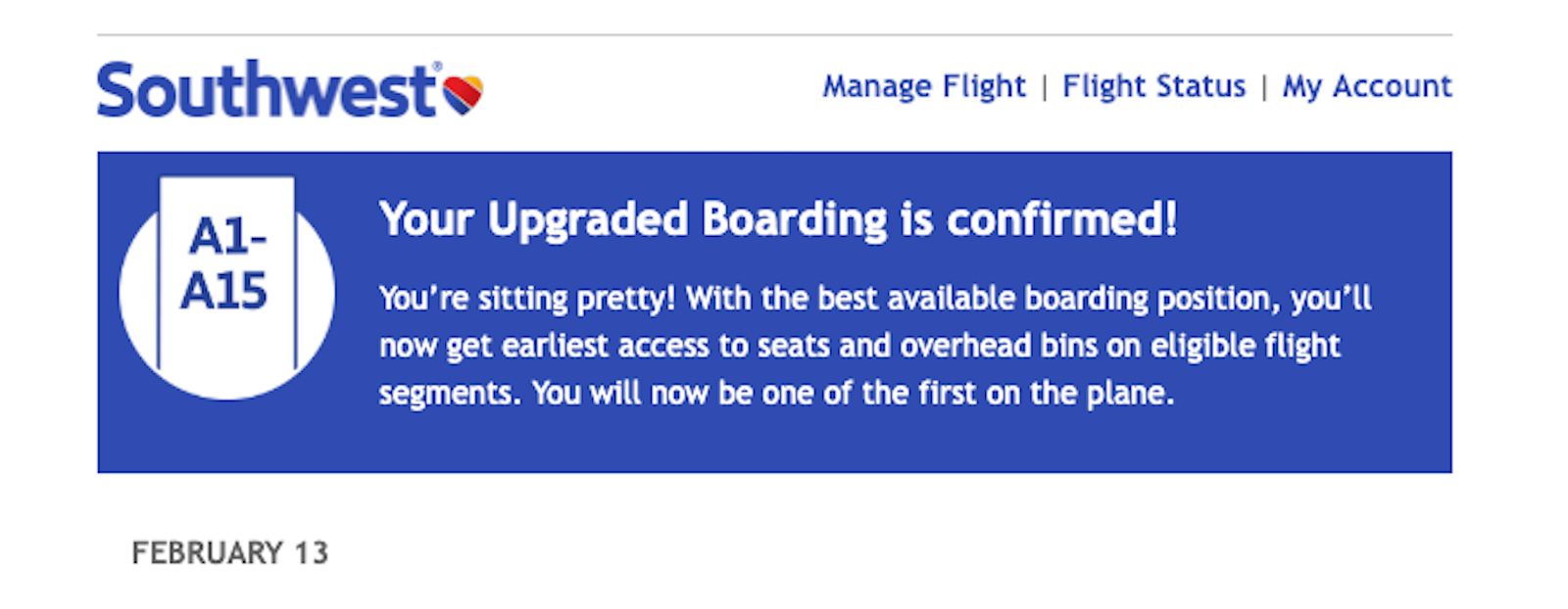 Southwest Airlines Upgraded Boarding confirmation.