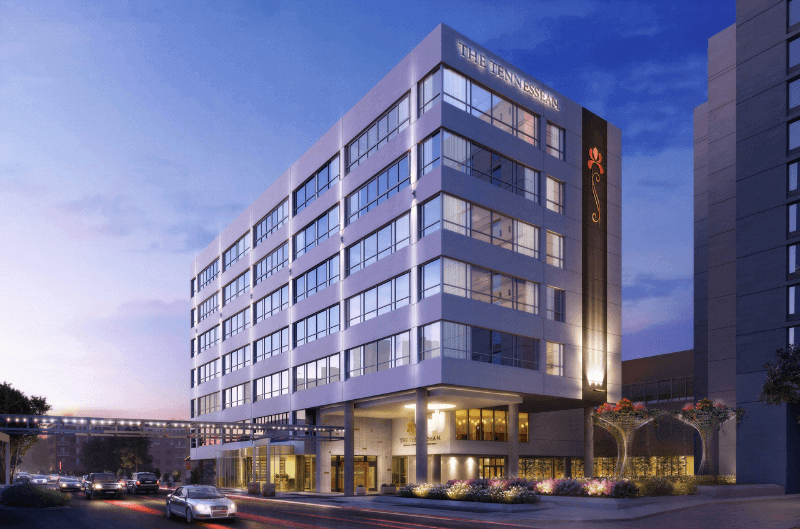 The glass facade of the  Tennessean Hotel in Knoxville